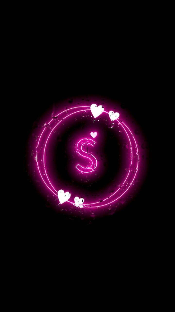 the letter s is surrounded by small white hearts on a black background with pink neon lights