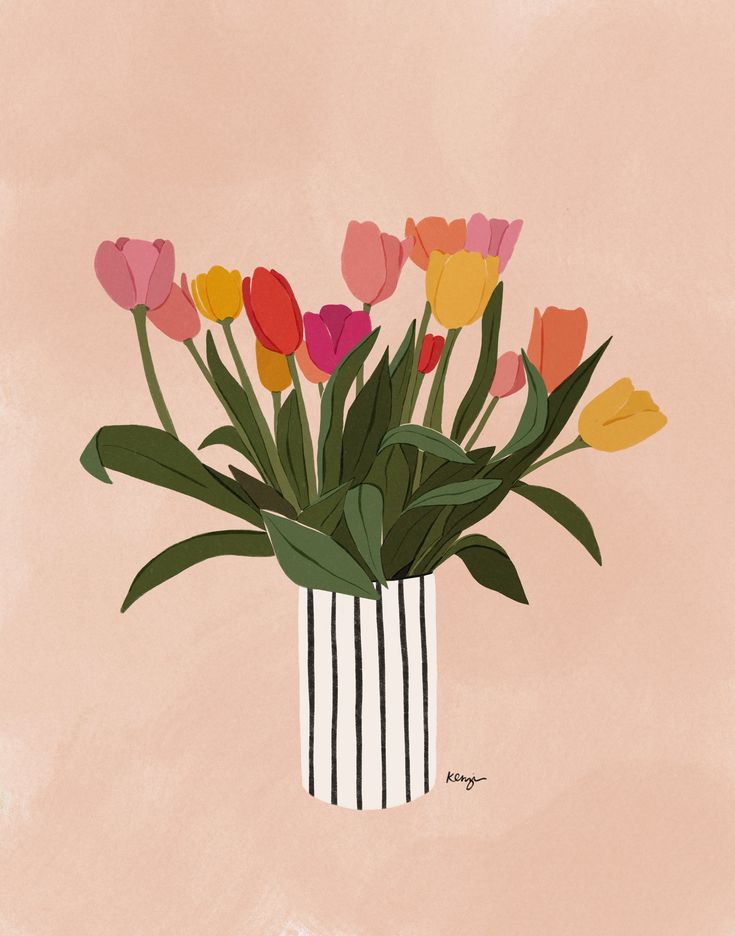 a vase filled with colorful tulips on top of a pink wall next to a plant