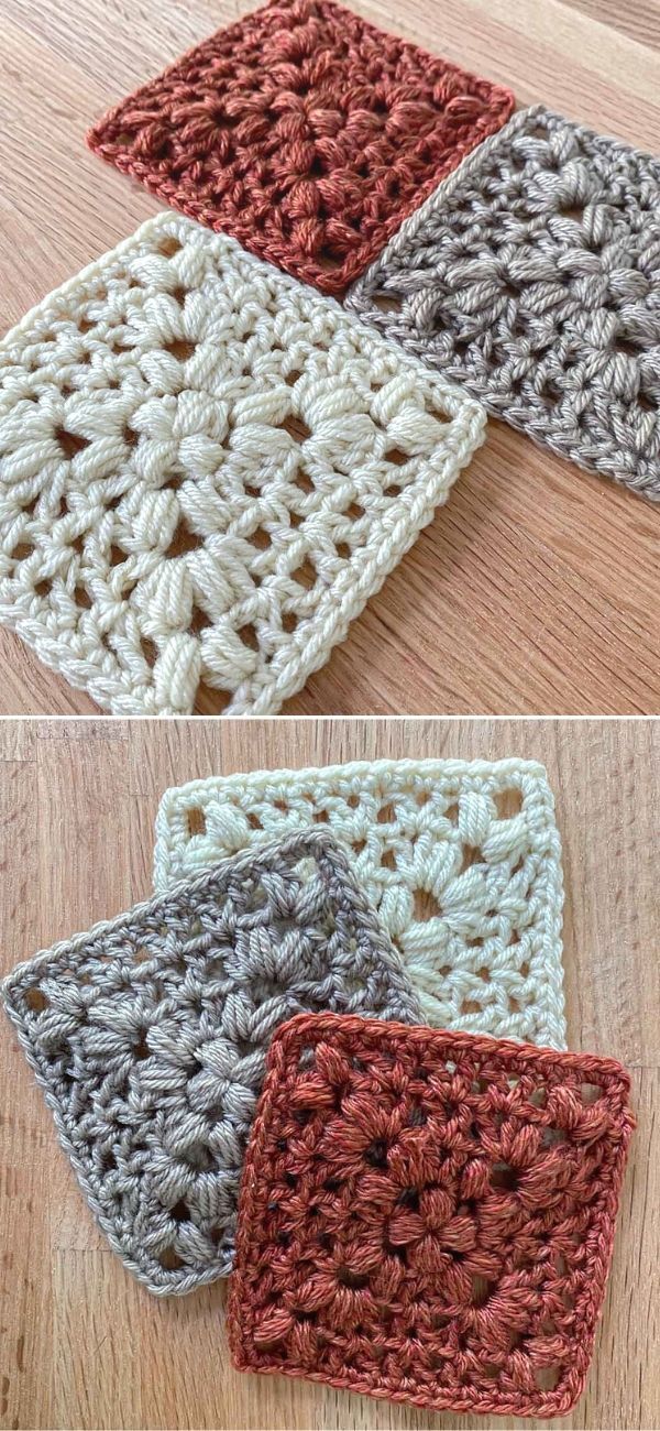 four crocheted squares with different colors and sizes are shown in the same row