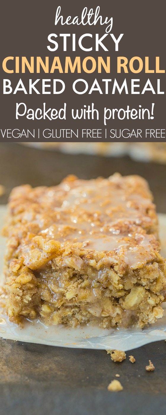 healthy cinnamon roll baked oatmeal bar with protein and sugar free gluten