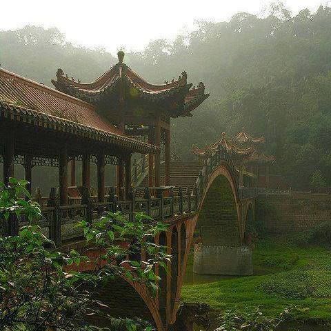 a bridge in the middle of a lush green field with trees and bushes surrounding it