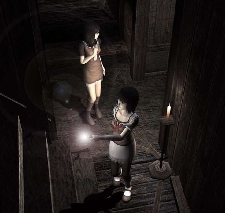 two animated women are walking down the stairs in a dimly lit room, one is holding a flashlight