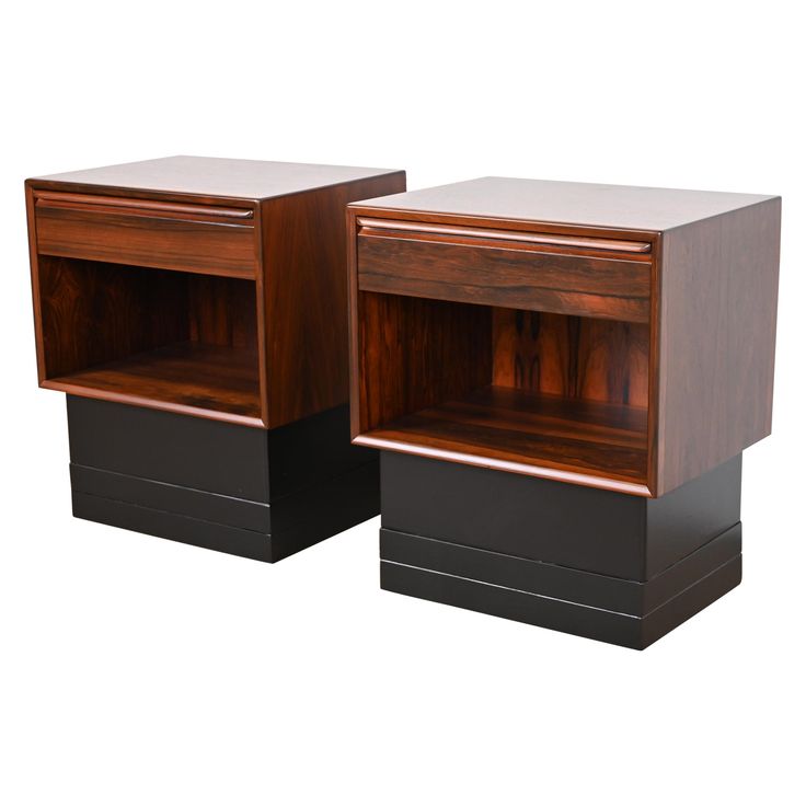 two wooden nightstands side by side with one open and the other closed on both sides