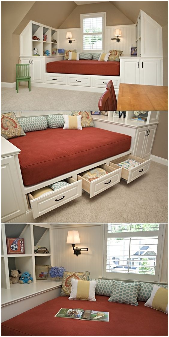 two pictures of a bed with drawers in the middle and bottom one is made out of bookshelves