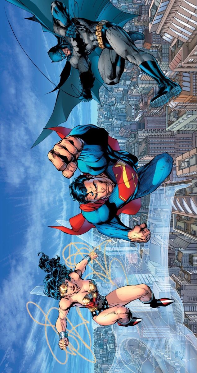 superman and wonder woman flying through the air in front of cityscape with skyscrapers