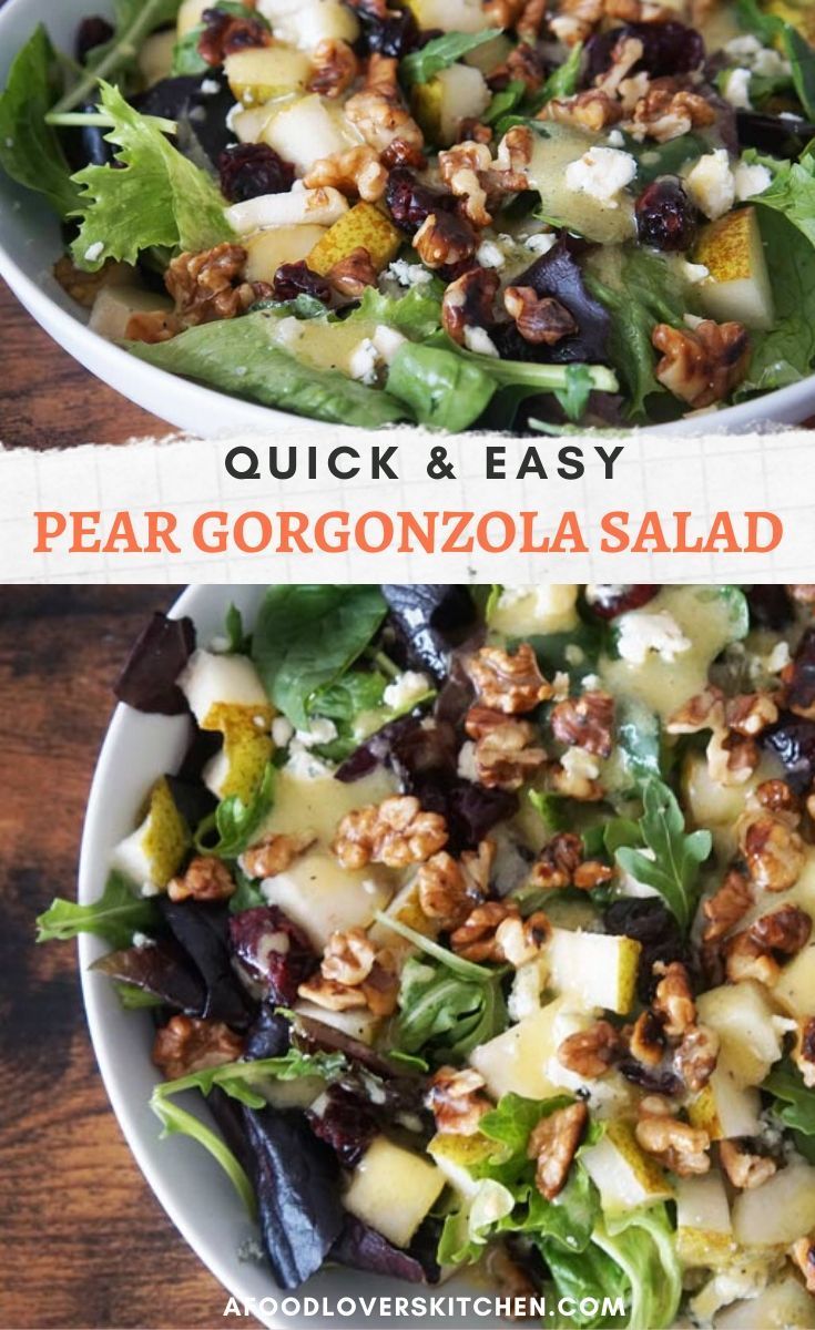 two bowls filled with different types of salads on top of a wooden table and the words, quick & easy pear gorgonzozola salad