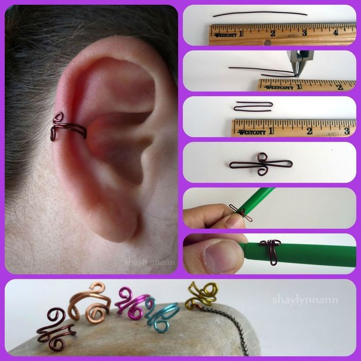 there are many different images of ear piercings and tools in the picture, including scissors, tape measure ruler, thread, and other items