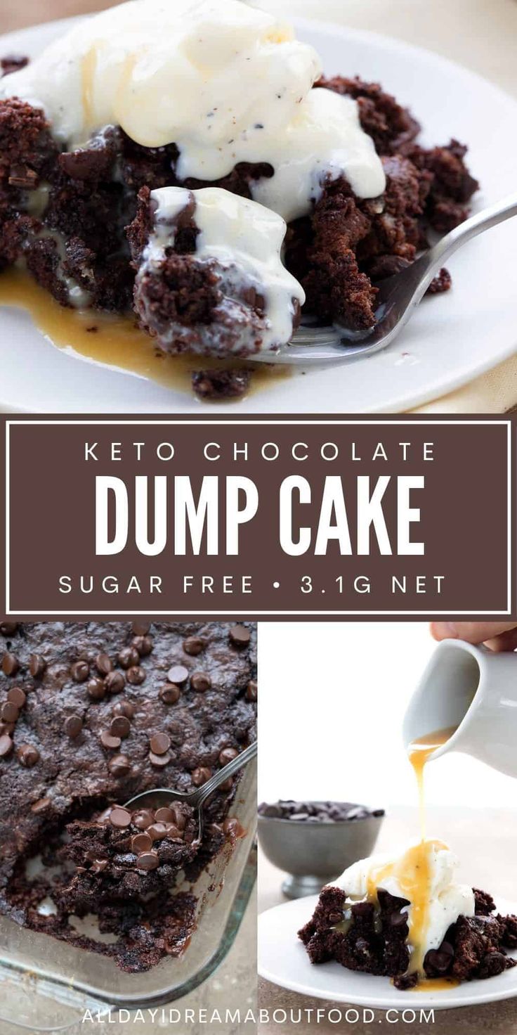 keto chocolate dump cake with ice cream and caramel syrup on top is shown in this collage