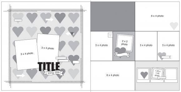 the layout for a scrapbook with hearts on it