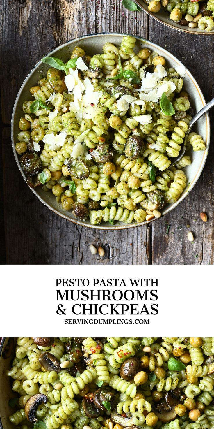 pesto pasta with mushrooms and chickpeas in a skillet on a wooden table