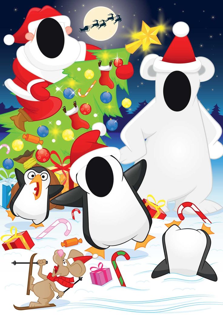 the penguins are all dressed up as santa claus and penguin christmas tree with presents on it