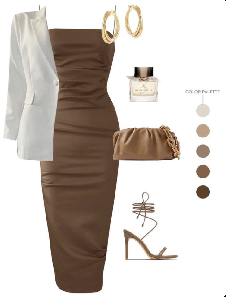 Chocolate Dress Outfit Classy, Brown Midi Dress Outfit Casual, Brown Dress With Blazer, Brown Maxi Dress Outfit Summer, Brown Bodycon Dress Outfit With Jacket, Brown Dress Jewelry, Brown Dress Midi, Chocolate Brown Dress Outfit Casual, Light Brown Dress Outfit Casual