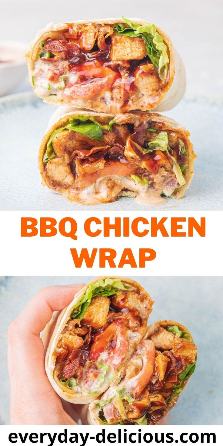 the bbq chicken wrap has been cut in half and is ready to be eaten