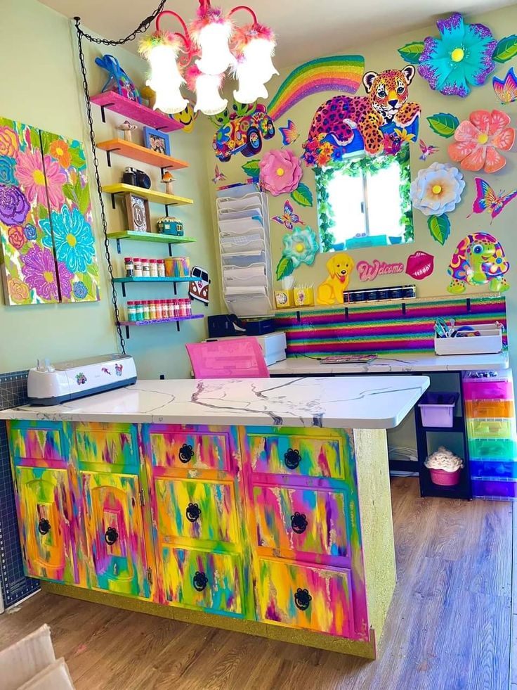 a brightly colored dresser in a room with lots of decorations on the wall and ceiling