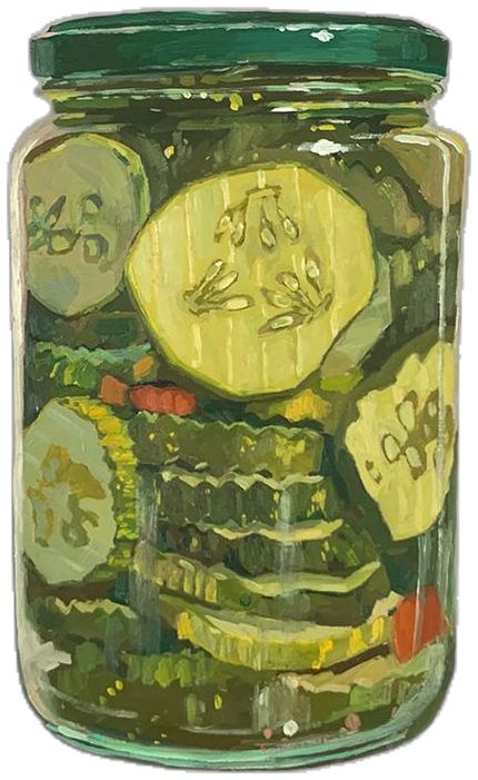 a jar filled with lots of pickles and cucumbers