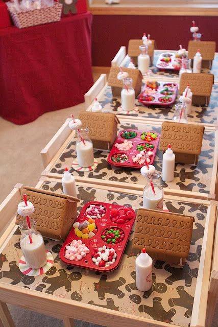 the table is decorated with gingerbreads and marshmallows