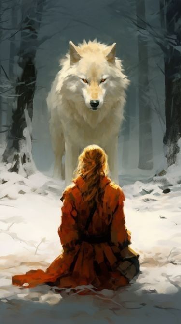 a painting of a woman sitting in the snow with a wolf standing behind her,