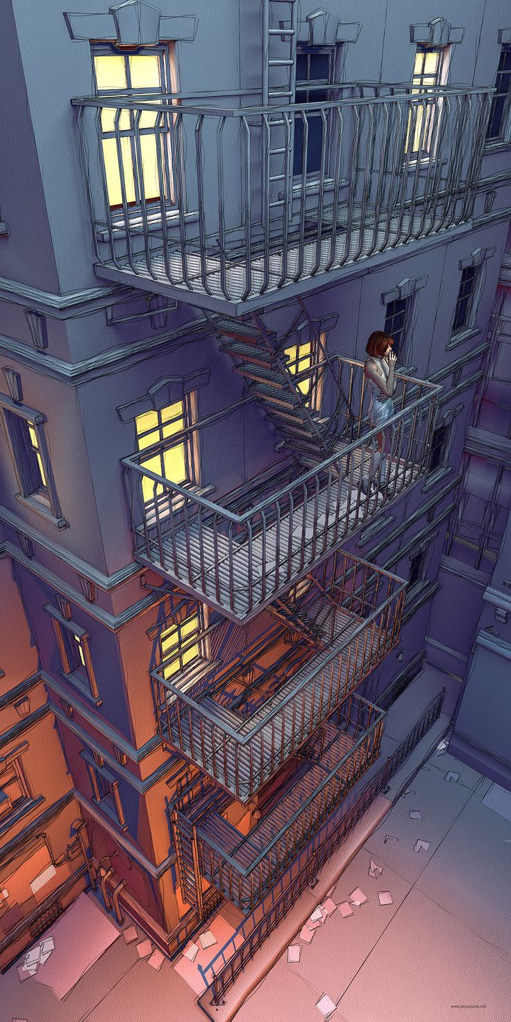 a person standing on a balcony in front of a building with fire escape ladders