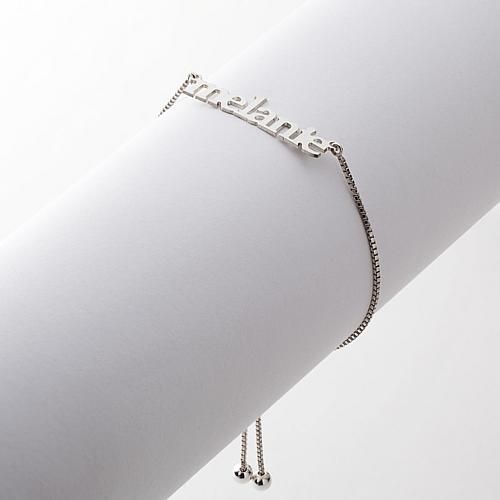 Sterling Silver Adjustable Name Bracelet Add some glam to your look! Featuring your name or a loved one's name in sterling silver script, this beautiful bracelet is the perfect addition to any jewelry lover's collection. Personalize this piece for your own collection, or give it to a loved one as a thoughtful gift. Design Information Adjustable length sterling silver bracelet has personalized name at center Good to Know Personalize with a name up to 8 characters. Elegant Adjustable Bracelets With Custom Name, Silver Name Bracelet For Friendship, Silver Name Jewelry For Friendship, Silver Nameplate Jewelry For Friendship, Elegant Custom Name Adjustable Bracelets, Silver Jubilee Bracelet For Friendship, Custom Name Chain Bracelet For Anniversary, Elegant Silver Chain Bracelet As Personalized Gift, Sterling Silver Name Bracelet For Friendship