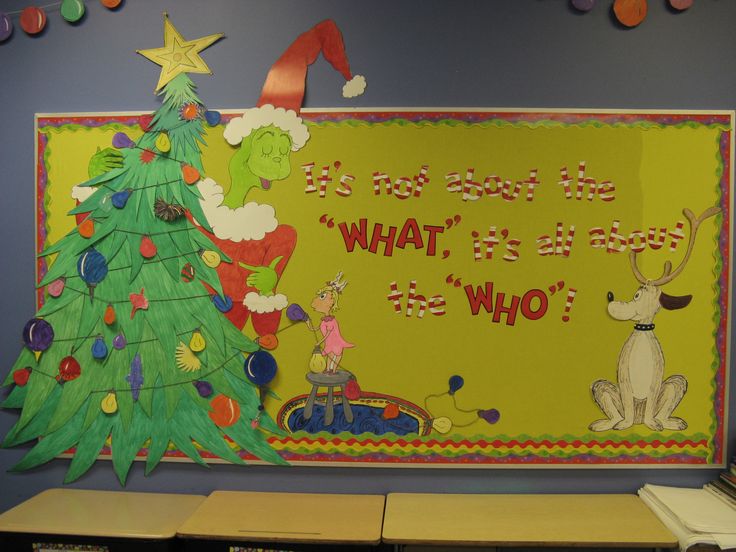 a bulletin board with an image of a christmas tree and the words what, who?