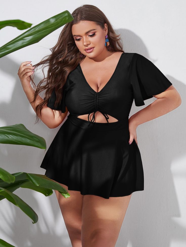 Summer Beach Plus Size Plain Drawstring Swim Dress Black   Short Sleeve  Plain  High Stretch  Women Plus Clothing, size features are:Bust: ,Length: ,Sleeve Length: Plus Size Bade, Tropical Fashion, Plus Size Swim, Beach Outfits, Plus Size Swimsuits, Plus Size Kleidung, Swimsuits For All, Plus Size Swimwear, Swim Dress