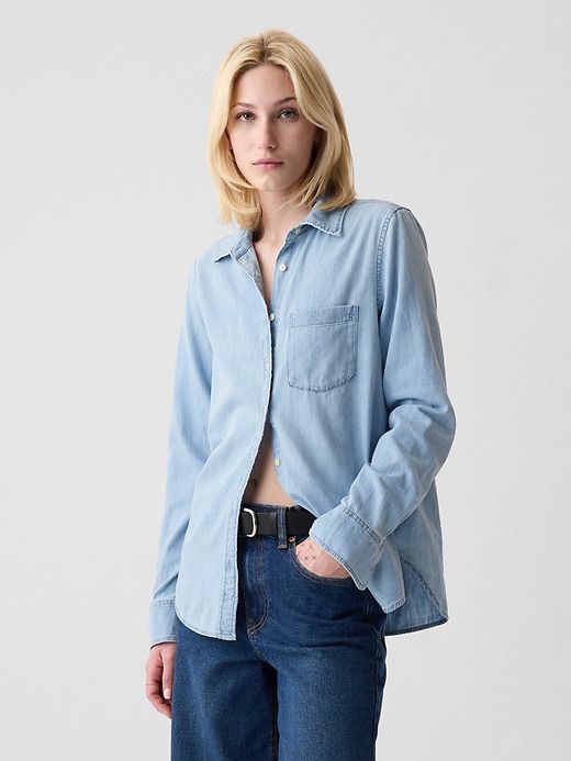 Saw this on Gap: Classic Gap Tops For Fall, Gap Tops With Button Closure, Trendy Light Wash Collared Shirt, Gap Summer Tops With Spread Collar, Classic Light Wash Shirt For Workwear, Classic Light Wash Shirt For Work, Gap Long Sleeve Shirt For Everyday, Gap Relaxed Fit Top With Button Closure, Gap Tops With Button Closure And Relaxed Fit