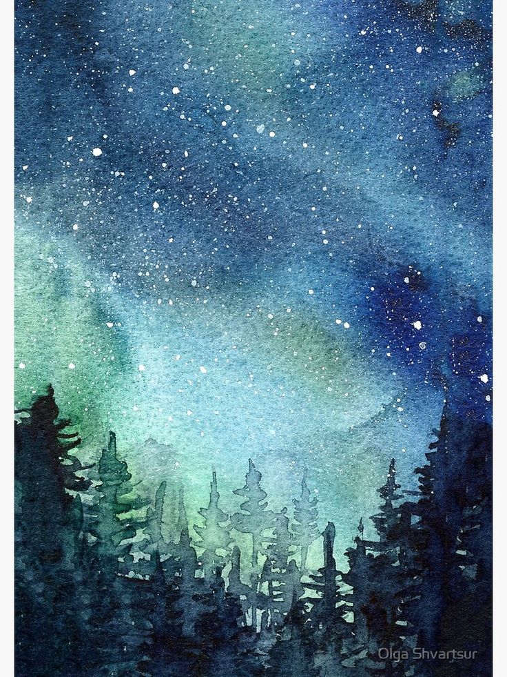 watercolor painting of the night sky with stars and trees on it, as well as an aurora bore