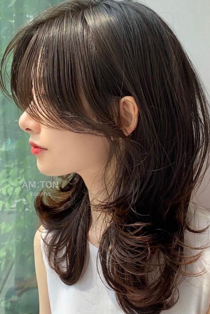 Korean Short Curtain Bangs, Layered Korean Haircut, Long Wolfcut With Curtain Bangs, Wolfcut Hair Medium With Curtain Bangs, Korean Curtain Bangs Short Hair, Korean Curtain Bangs Long Hair, Curtain Bangs With Ponytail, How To Look Korean, Shoulder Length With Curtain Bangs