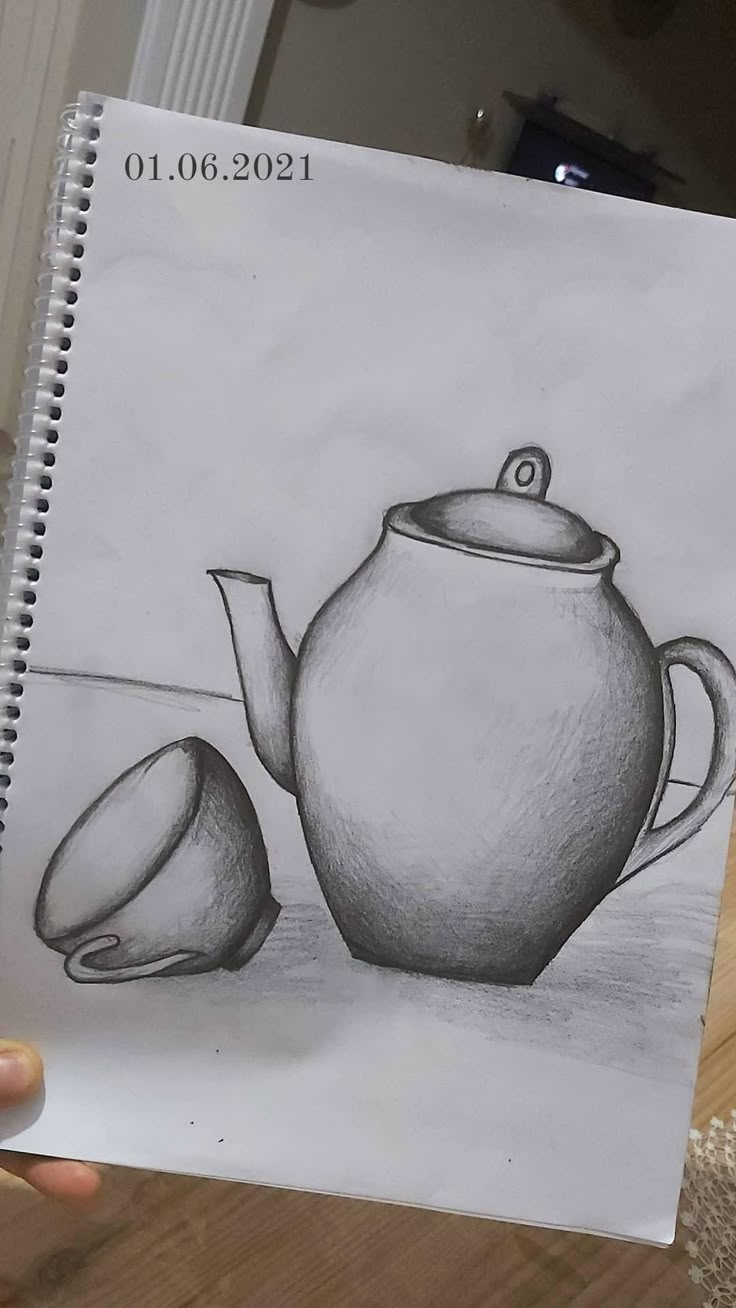 a drawing of a teapot and two cups