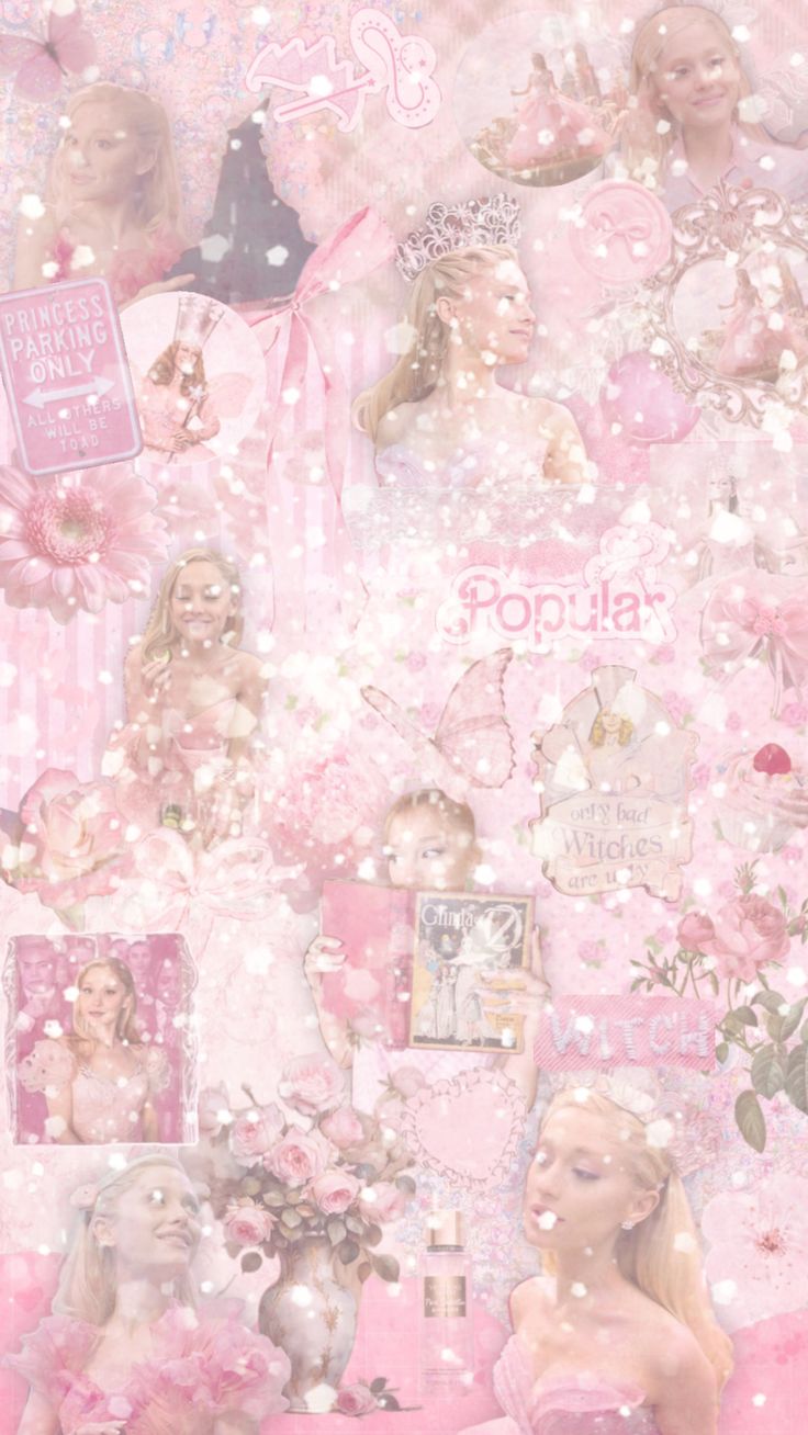 a collage of barbie dolls and other items on pink paper with white glitters