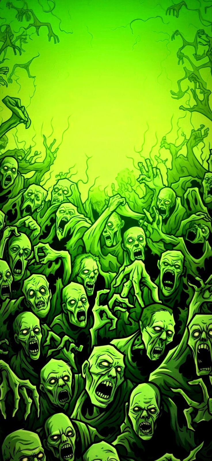 a group of zombie heads with green light in the background