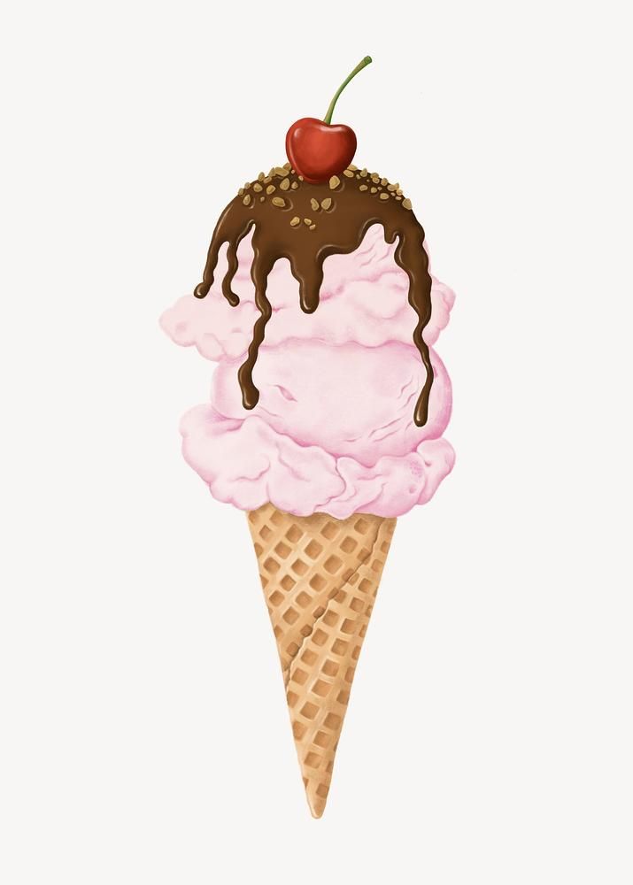 an ice cream cone with a cherry on top and chocolate sauce drizzled over it