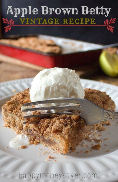 a piece of apple brown betty pie on a plate with a fork and ice cream