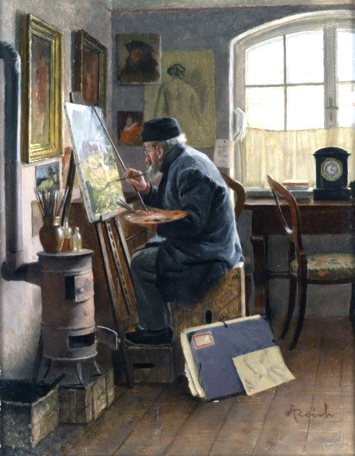 an old man sitting in front of a easel and painting on a canvas next to a window