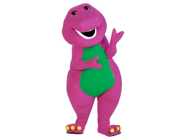 the pink dinosaur is waving and smiling