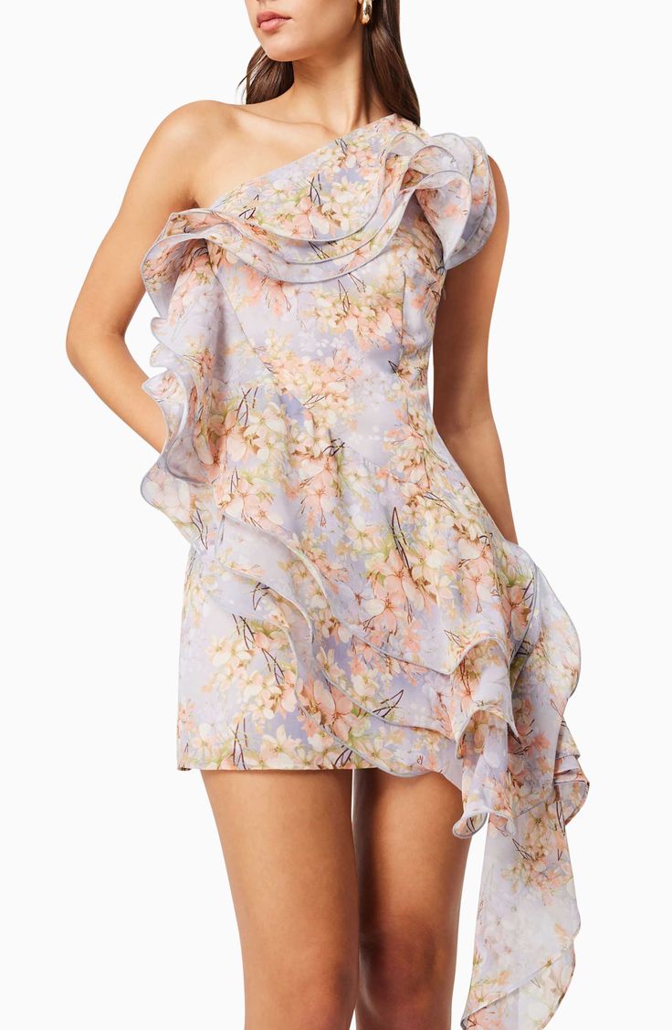 A rippling ruffle adds a festive feel to a blossom-tossed dress served in a leggy length. 32 1/2" to 51" length (size Medium) Hidden side-zip closure One-shoulder neck Lined 100% polyester Hand wash, dry flat Imported Spring Evening Off-shoulder Ruffle Dress, One-shoulder Ruffle Dress For Spring Brunch, Spring Dresses With Ruffled Straps In Purple, Spring Evening Flowy Ruffle Dress, Flowy Ruffle Dress For Spring Evening, Feminine Off-shoulder Ruffle Dress For Spring, Purple Dresses With Ruffled Straps For Spring, Purple Spring Dress With Ruffled Straps, Purple Spring Dresses With Ruffled Straps