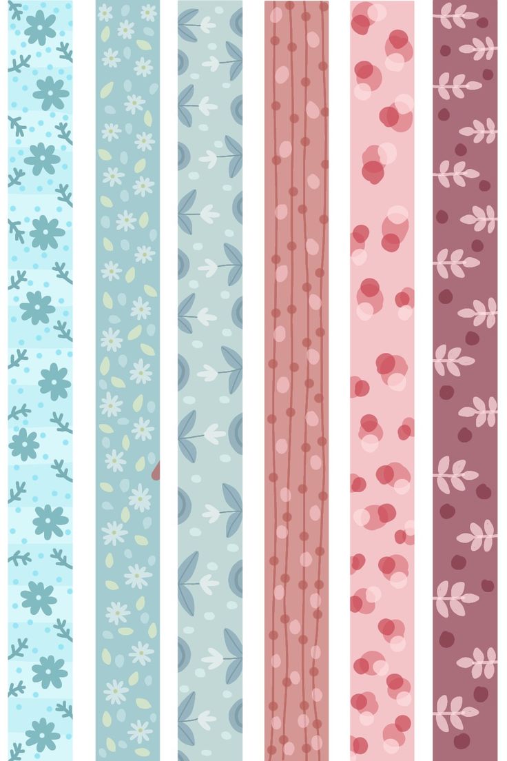 six different colored strips with flowers and leaves on them, all lined up in the same row