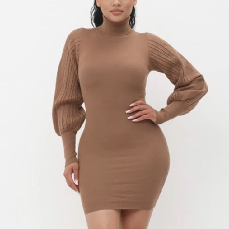 This Taylor Mini Dress Offers A Chic And Modern Silhouette, Featuring Bold Puffy Sleeves With Cable-Knit Detail For Added Texture. The High Neckline And Bodycon Fit Create A Flattering Shape, Perfect For Both Day And Night Events. Crafted With A Comfortable Stretch Fabric, This Dress Will Hug Your Curves While Keeping You Stylish. Solid Color Puff Sleeve Mini Dress For Winter, Winter Solid Color Mini Dress With Puff Sleeves, Winter Solid Color Puff Sleeve Mini Dress, Fall Stretch Mini Dress With Puff Sleeves, Fall Stretch Puff Sleeve Mini Dress, Fall Puff Sleeve Stretch Mini Dress, Stretch Puff Sleeve Mini Dress For Winter, Brown Stretch Mini Dress, Knee-length, Brown Knee-length Stretch Mini Dress