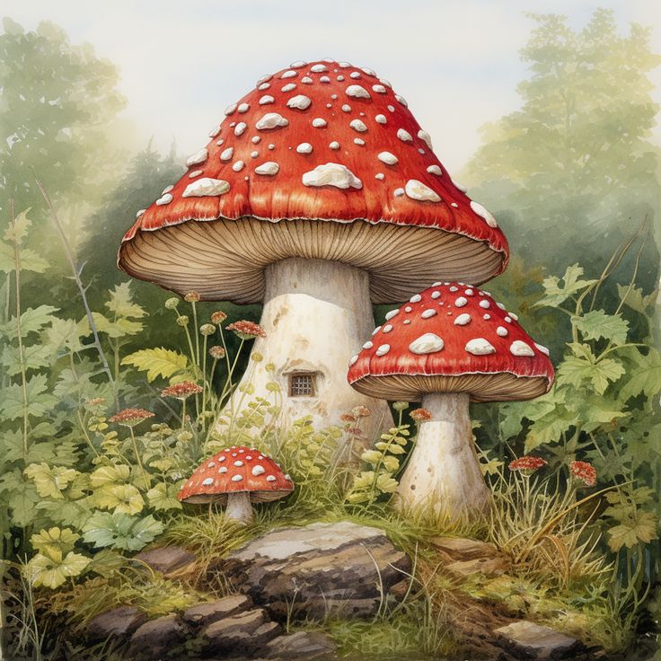 a painting of two mushrooms in the grass