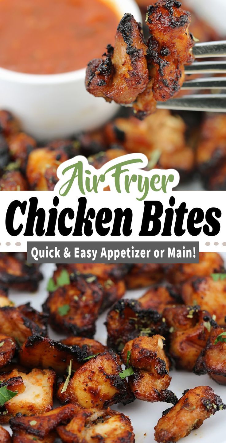 the cover of air fryer chicken bites is shown on a plate with a fork