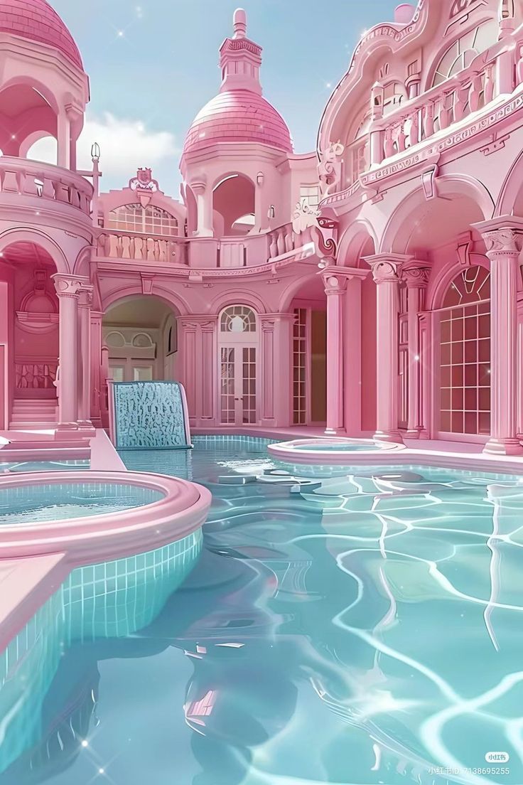 a large pink building with a pool in the middle