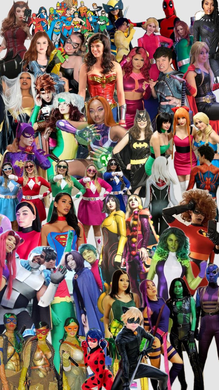 a collage of people dressed in different costumes and colors, including one woman with long hair