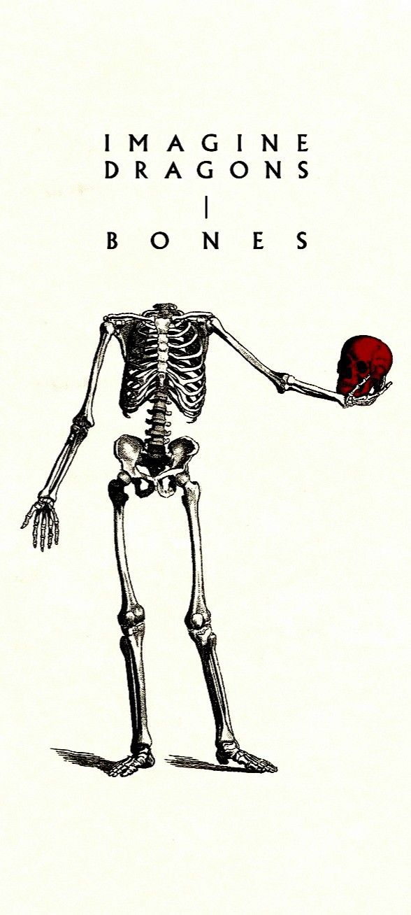 a skeleton holding a red apple in it's right hand and the words imagine dragons are