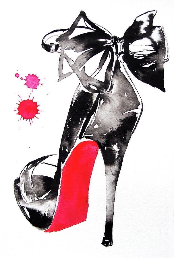 a drawing of a high heeled shoe with a bow on the top and red bottom