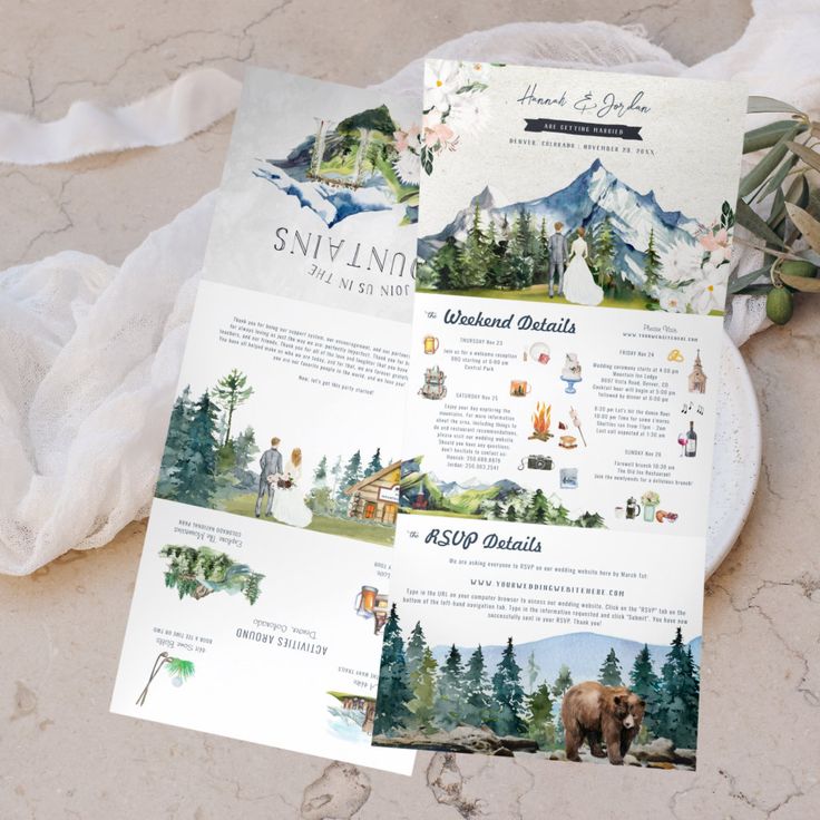 an image of a brochure that is on the ground with trees and mountains