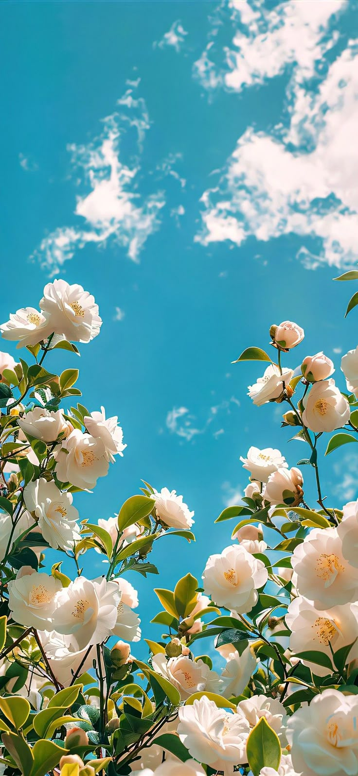 white roses are blooming in front of a blue sky