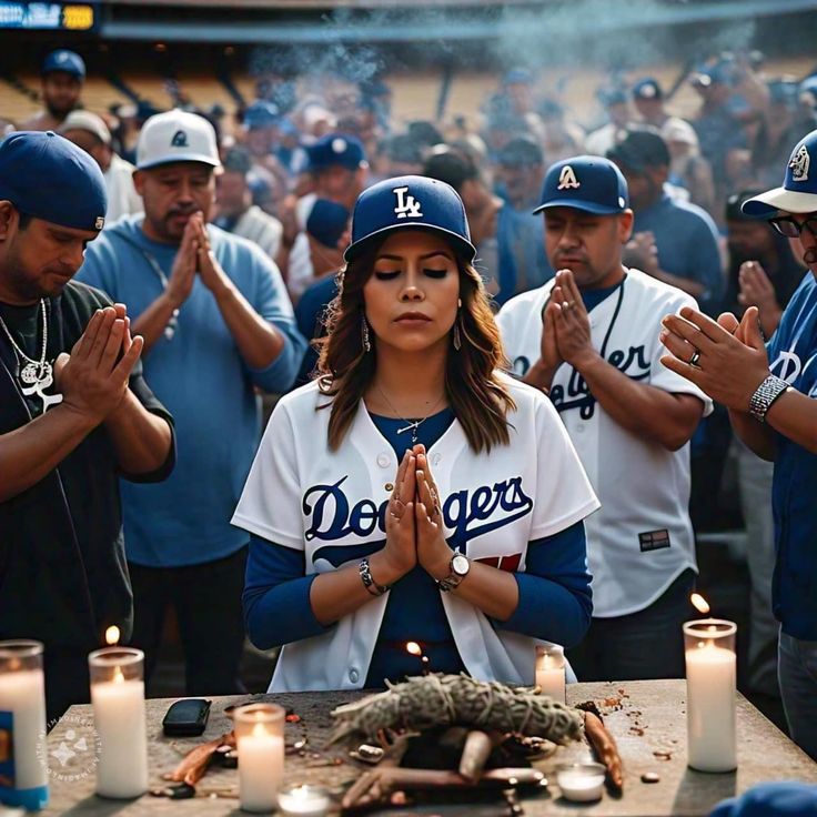 a group of baseball players standing around a table with candles on it and praying in front of them