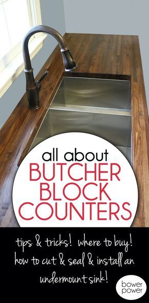 a kitchen sink with the words all about butcher block counters