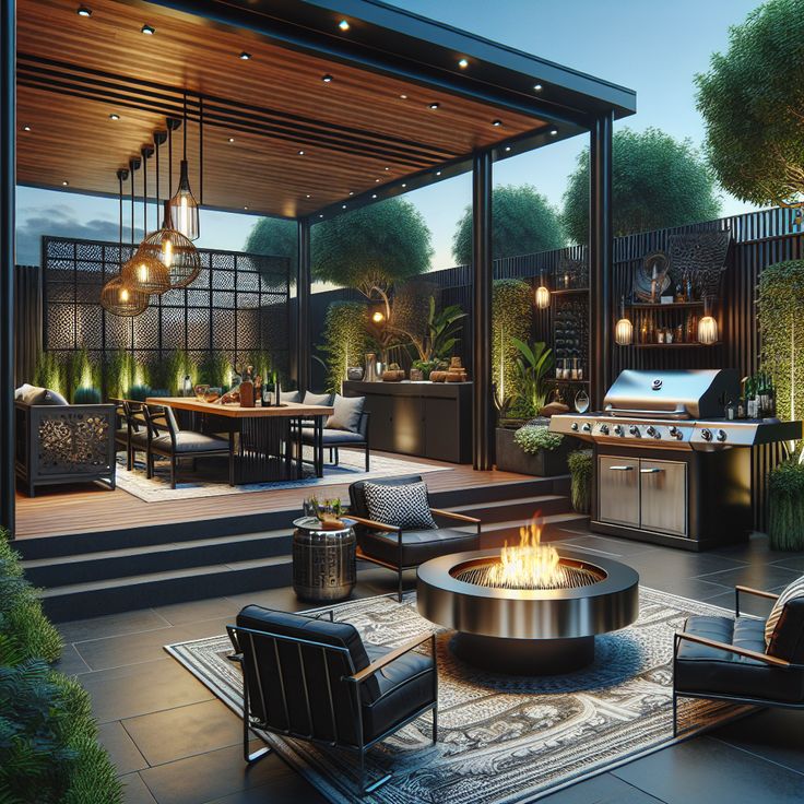 This bachelor's oasis, draped in sleek black and metallic, boasts a luxurious BBQ pit, comfy leather seating, a fire pit, and an outdoor bar. Enclosed by greenery, this urbane patio blends style, relaxation, and functionality. #luxurypatio #outdoorlivingspace #bachelorpad #highendBBQ #modernoutdoordesign #urbanecohome Contemporary Kitchen Design Ideas, Modern Outdoor Kitchen, Bbq Ideas, Outdoor Patio Designs, Backyard Renovations, Rooftop Patio, Entertainment Area, Digital Footprint, Bbq Pit