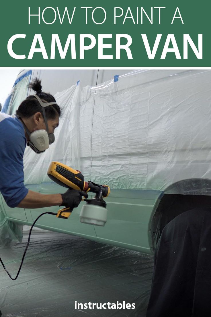 a man using a paint sprayer on a car with the words how to paint a camper van